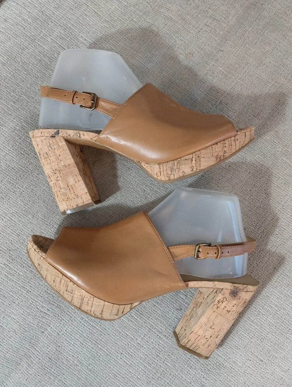 Naturalizer Tan Cork Platform Peep-Toe Block Heel Sandals Size 9.6